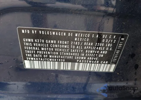 2012 Volkswagen Jetta Sportwagen 2.5L S z USA, uszkodzony, nr VIN 3VWKX7AJ7CM681938